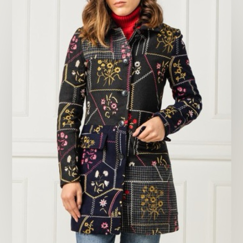 DESIGUAL Abrig Penny Black Floral Patchwork Wool Coat - Picture 1 of 12